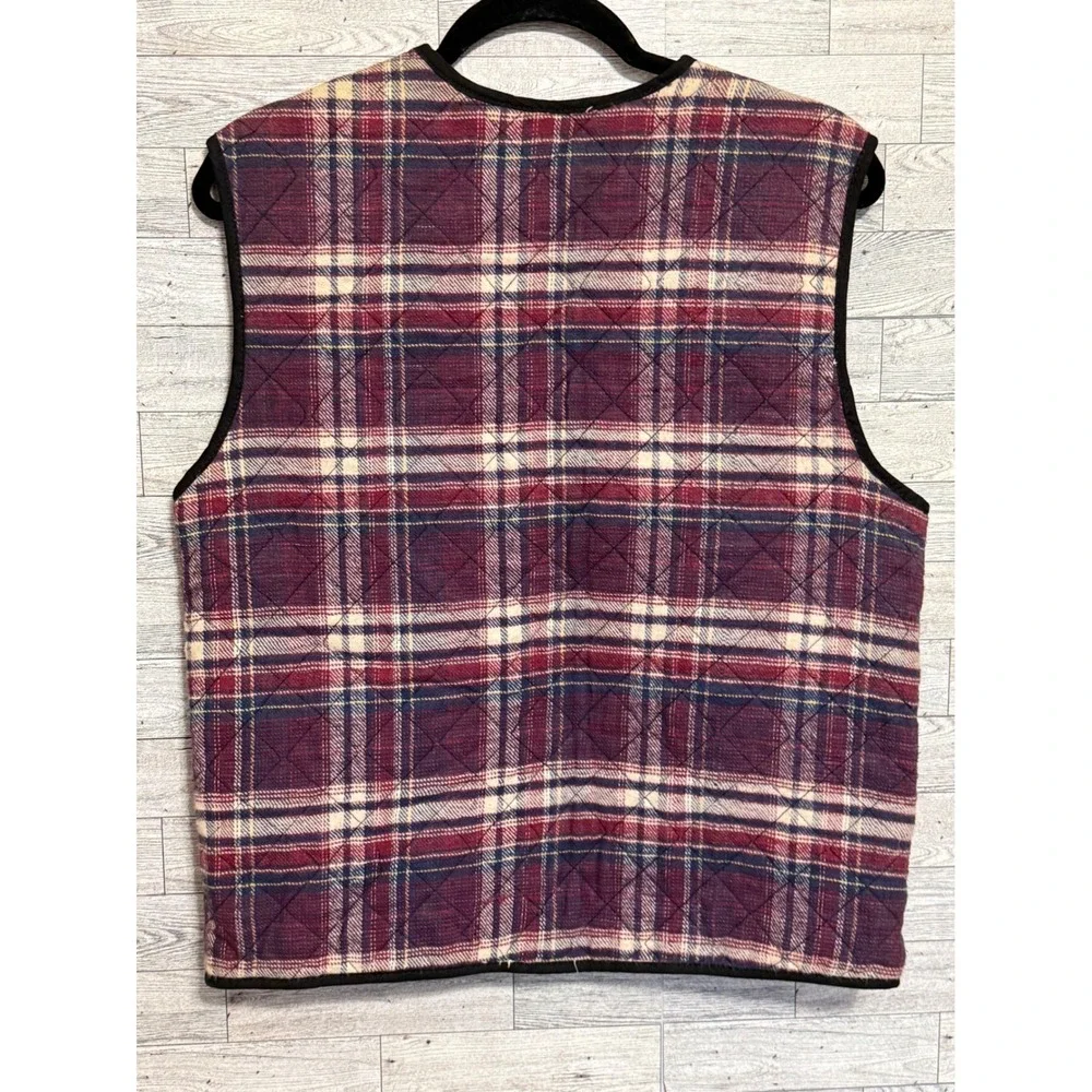 I Am Womens‎ Vintage Quilted Plaid Vest Burgundy Navy Cotton Full Zip Sz Small